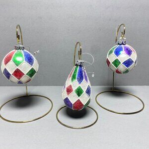 Christmas Ornaments 3 PC Set Multicolored Plastic Ball and Teardrop W/ Sparkles